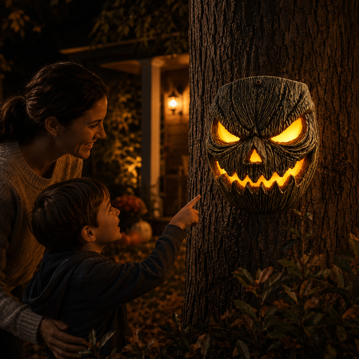 Wood-Grain Solar Pumpkin Wall Light for Halloween Porch Decor