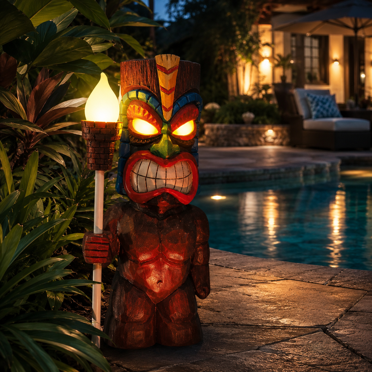 Solar Tiki Totem Statue Light for Patio and Tropical Garden Decor