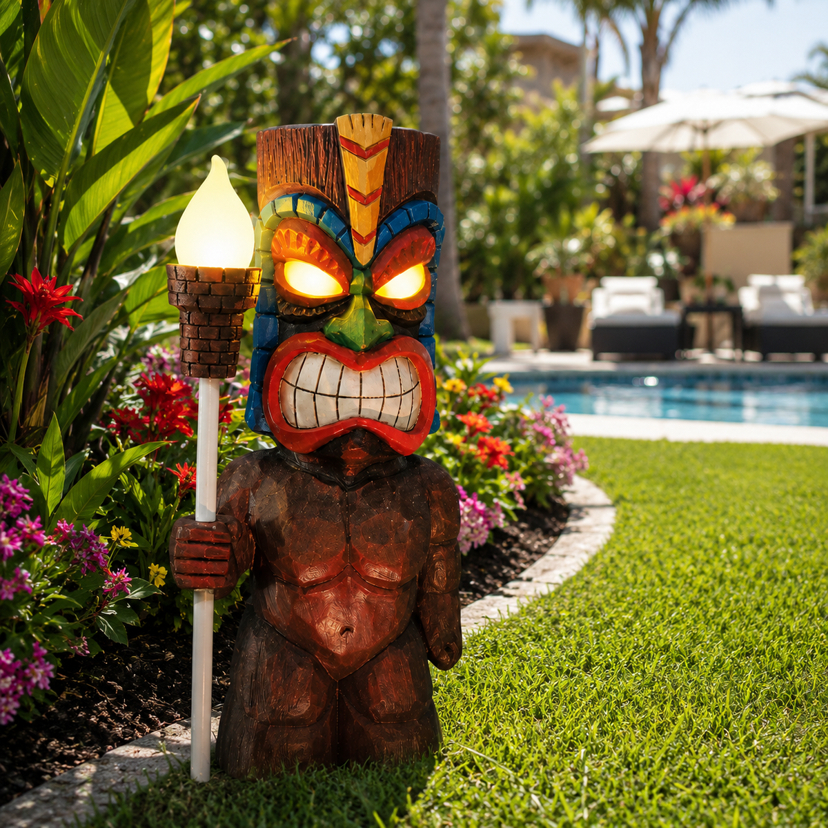 Solar Tiki Totem Statue Light for Patio and Tropical Garden Decor