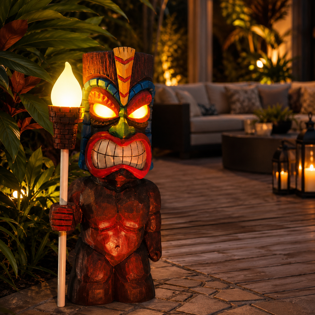 Solar Tiki Totem Statue Light for Patio and Tropical Garden Decor