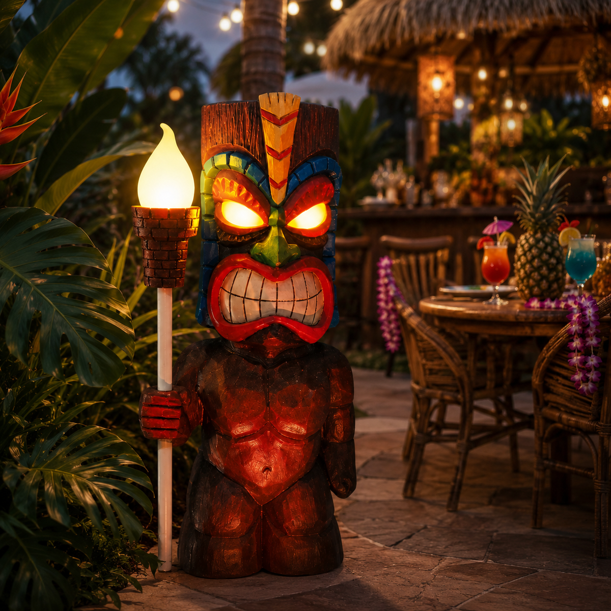 Solar Tiki Totem Statue Light for Patio and Tropical Garden Decor