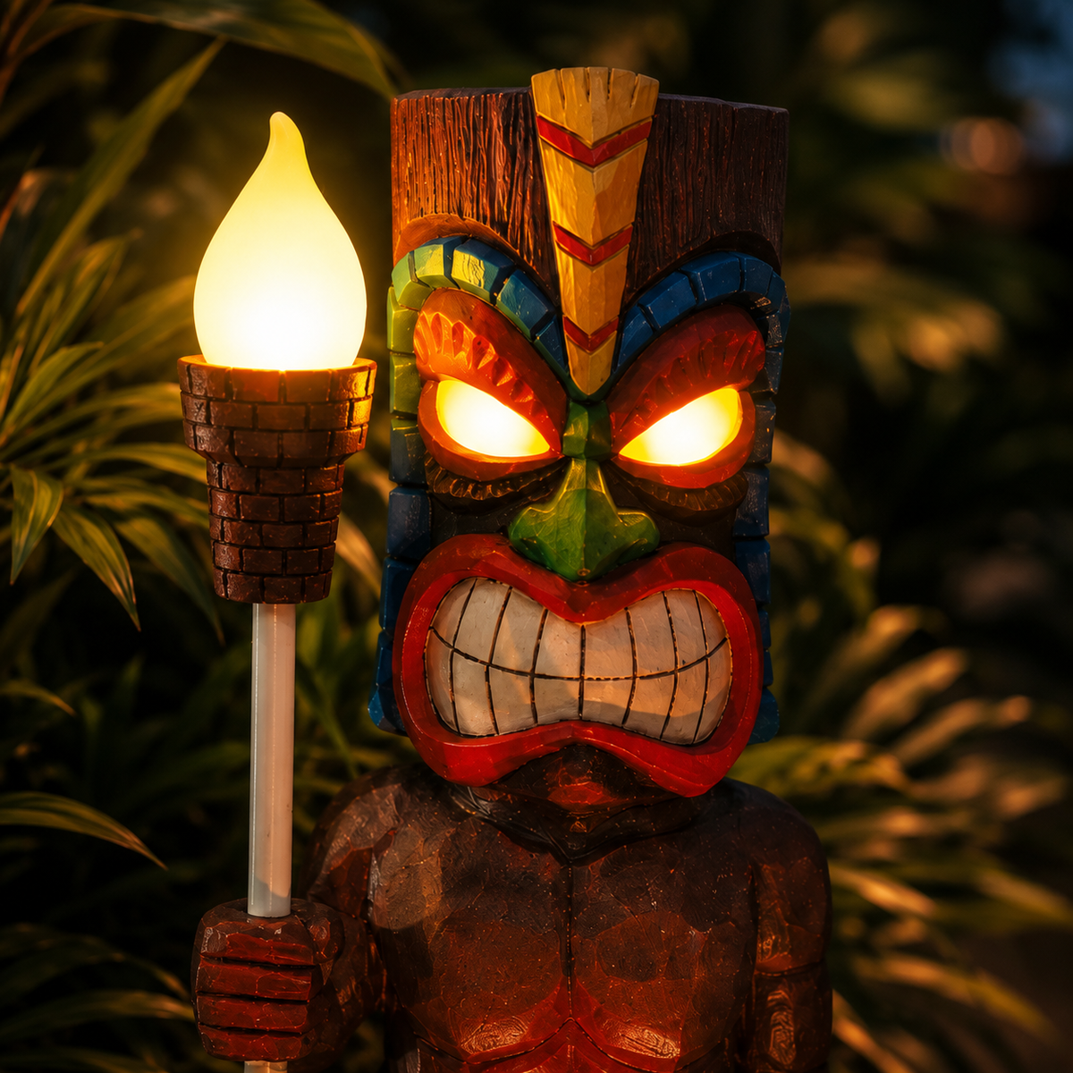 Solar Tiki Totem Statue Light for Patio and Tropical Garden Decor