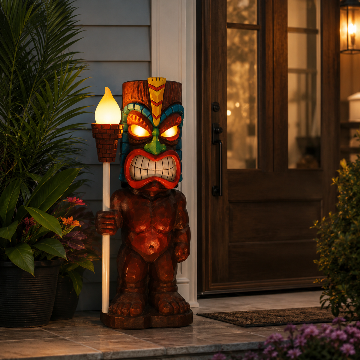 Solar Tiki Totem Statue Light for Patio and Tropical Garden Decor