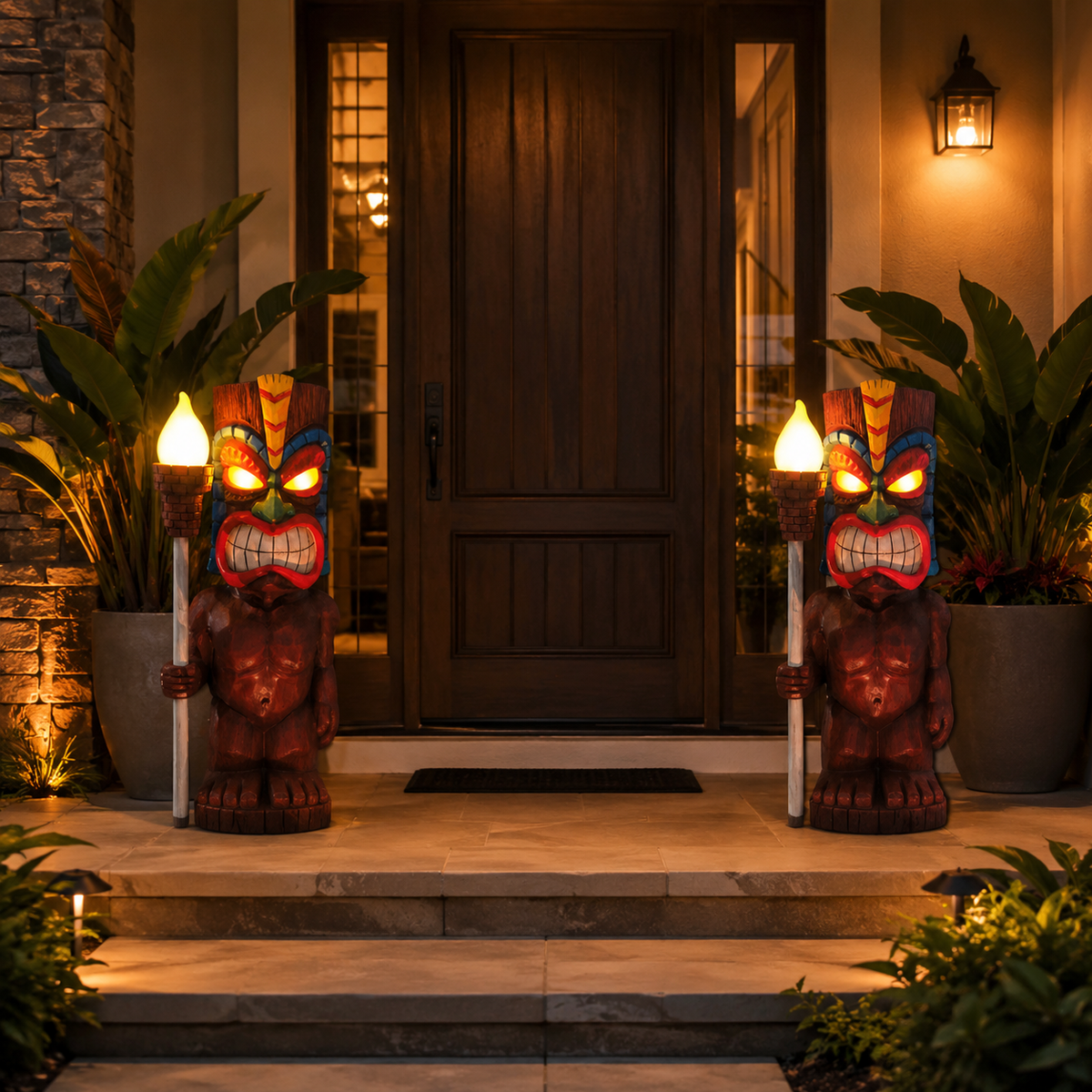 Solar Tiki Totem Statue Light for Patio and Tropical Garden Decor