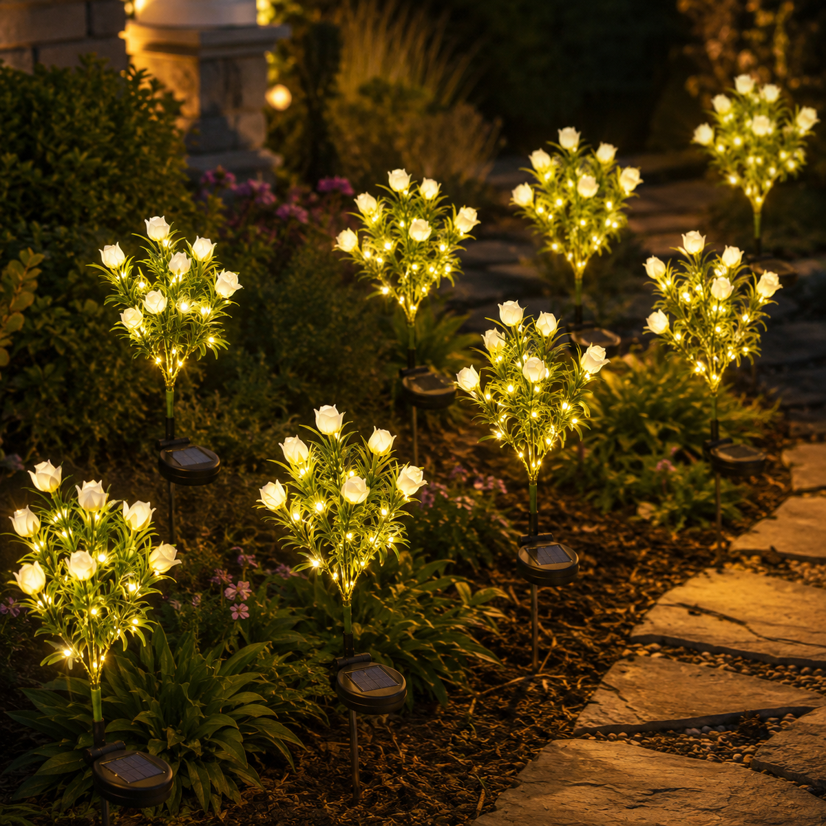 Solar Gardenia Flower Lights for Pathways. Flower Beds. and Patio Decor