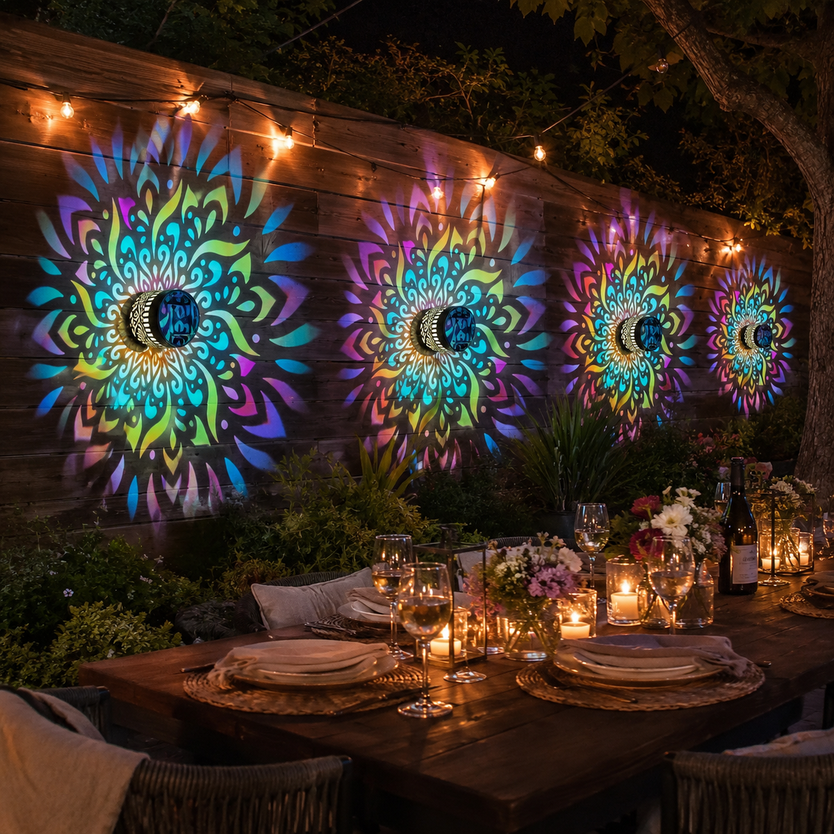 Solar Mandala Outdoor Garden Projection Lights for Fence and Patio Walls