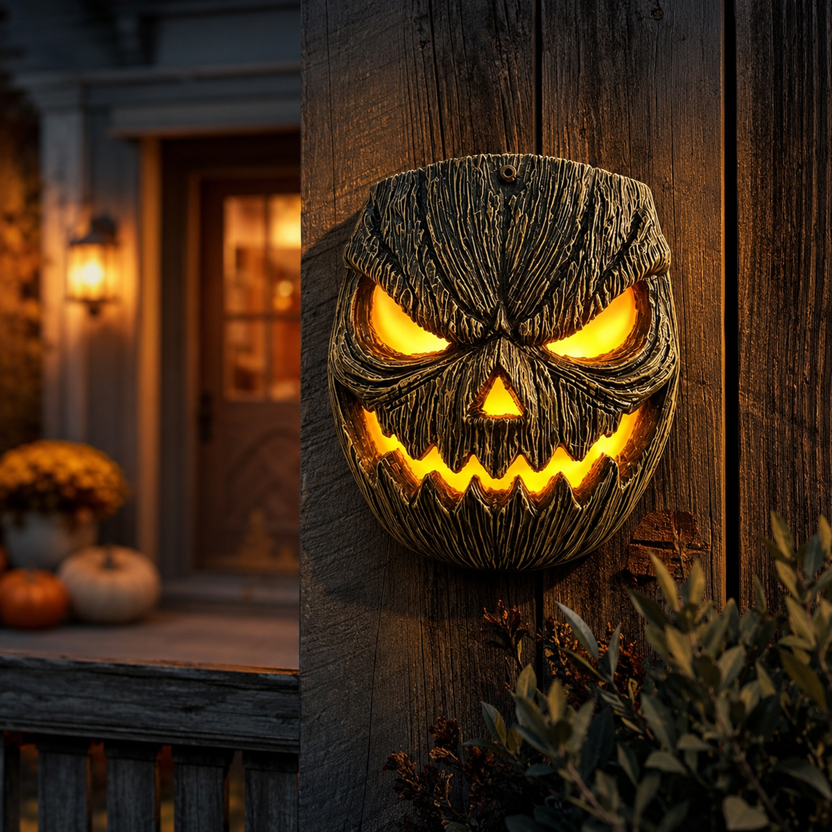 Wood-Grain Solar Pumpkin Wall Light for Halloween Porch Decor