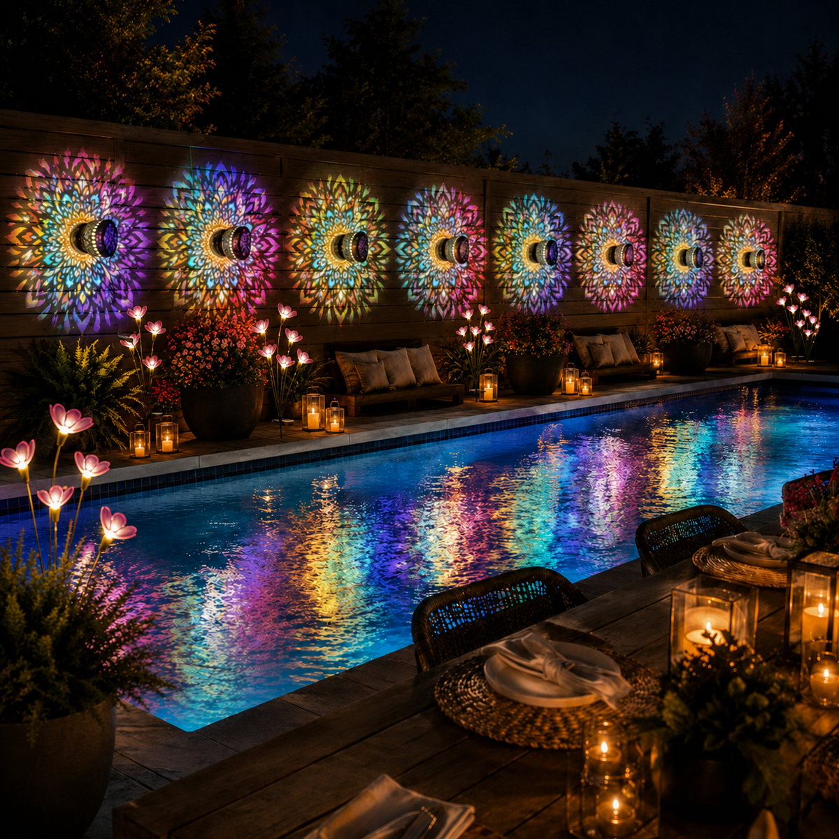 Solar Mandala Outdoor Garden Projection Lights for Fence and Patio Walls