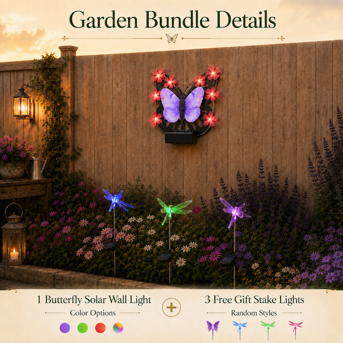 Solar Butterfly Wall Light Garden Bundle + FREE Assorted Stake Lights