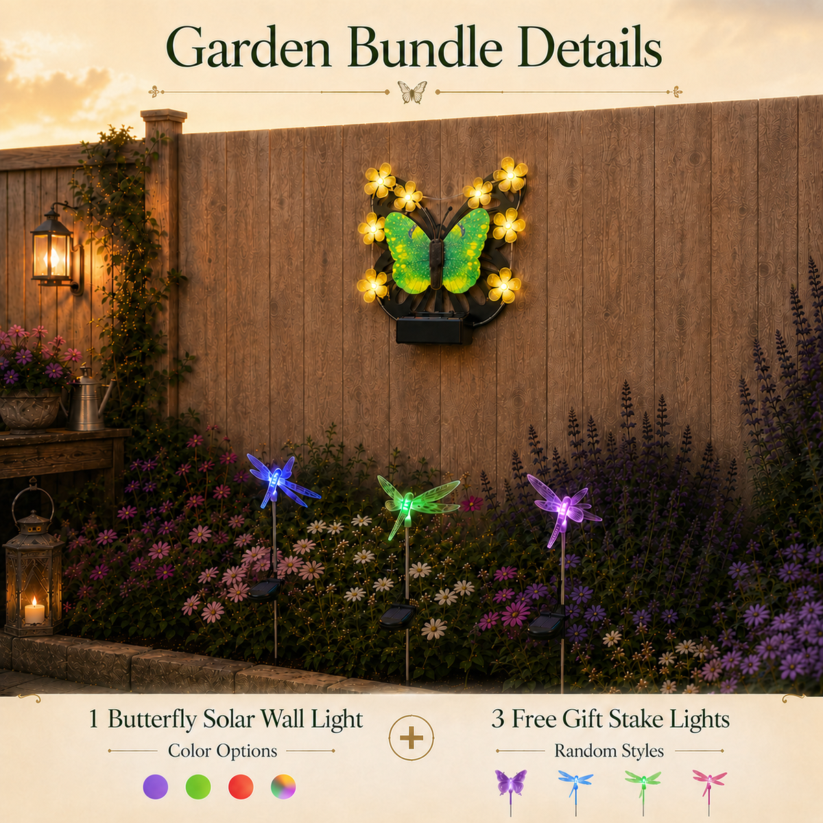 Solar Butterfly Wall Light Garden Bundle + FREE Assorted Stake Lights