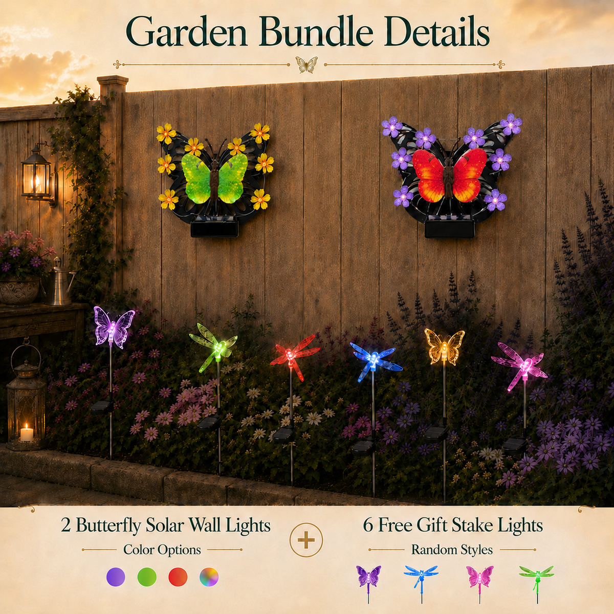 Solar Butterfly Wall Light Garden Bundle + FREE Assorted Stake Lights