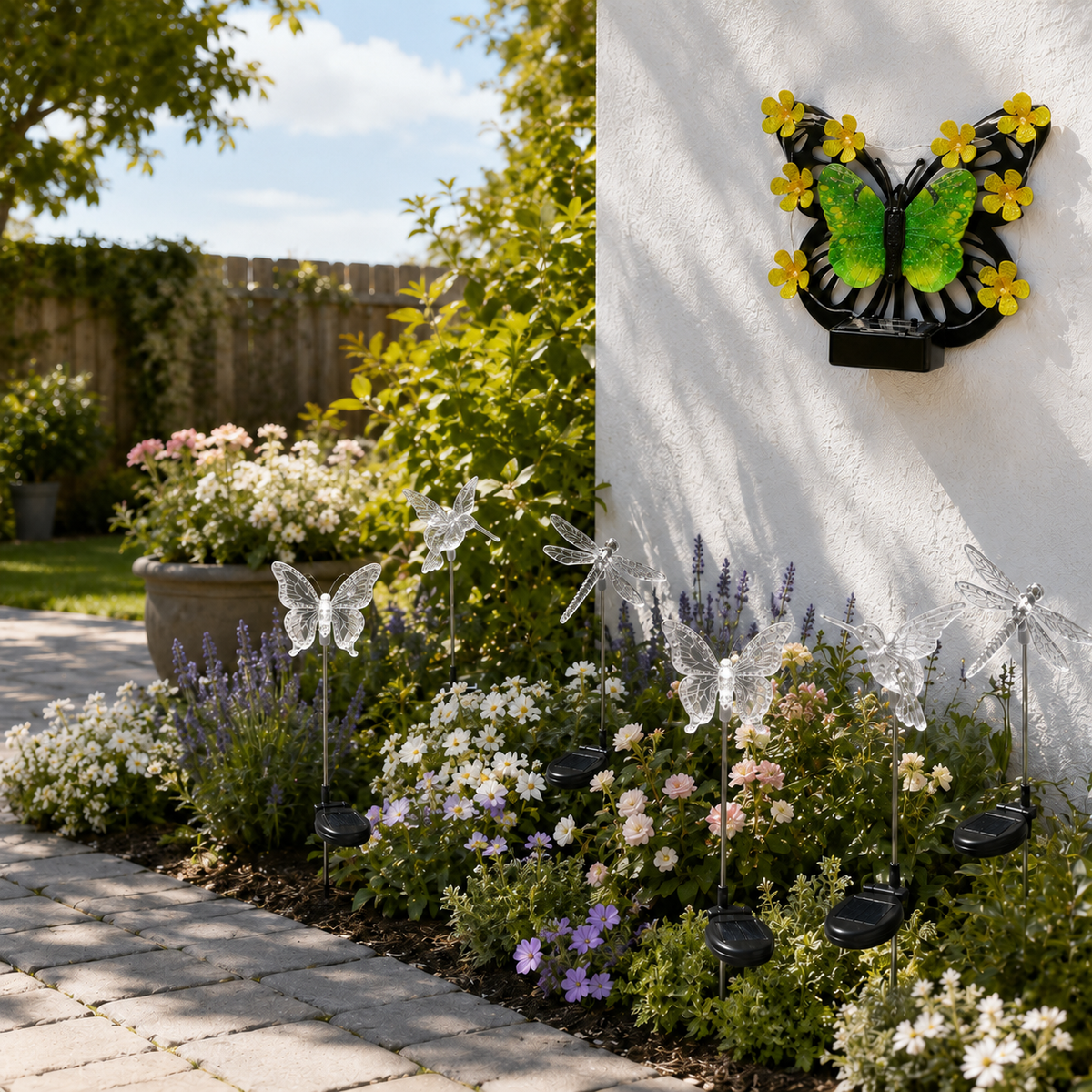 Solar Butterfly Wall Light Garden Bundle + FREE Assorted Stake Lights