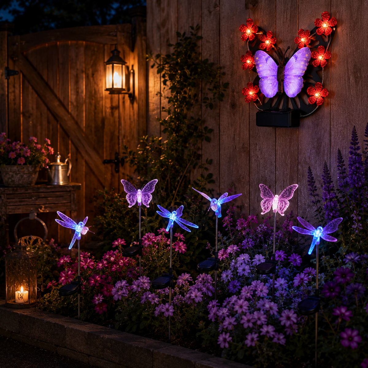 Solar Butterfly Wall Light Garden Bundle + FREE Assorted Stake Lights