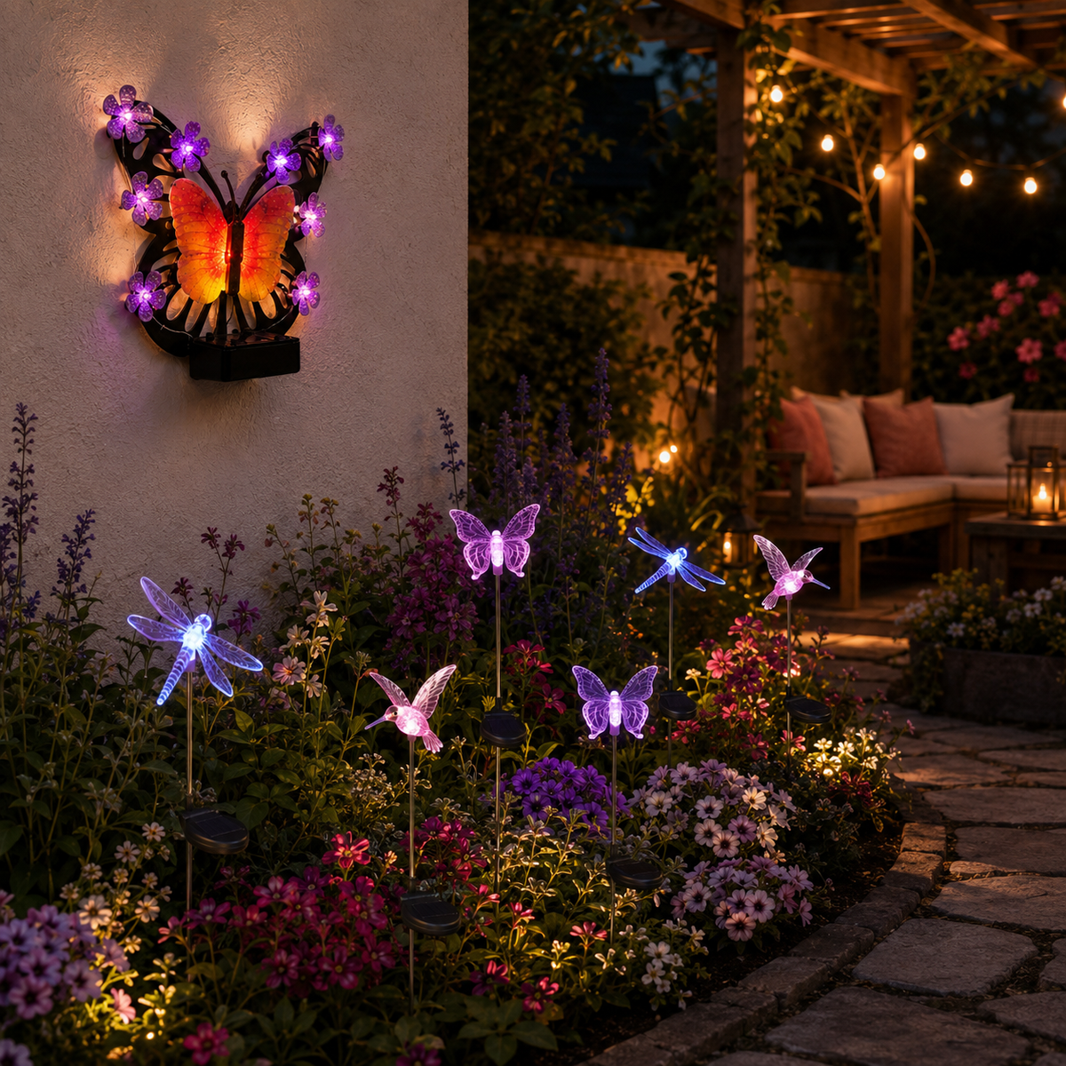Solar Butterfly Wall Light Garden Bundle + FREE Assorted Stake Lights