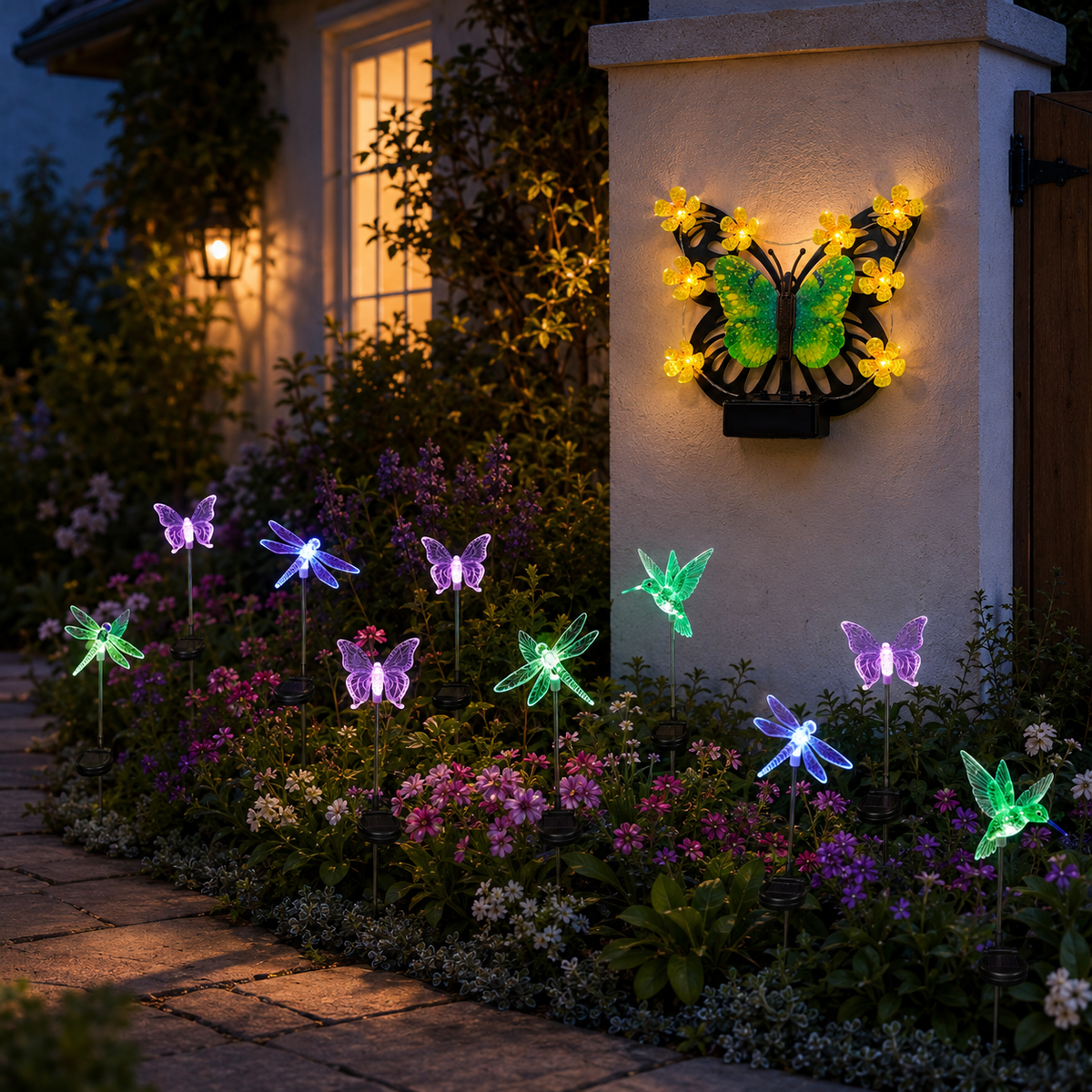 Solar Butterfly Wall Light Garden Bundle + FREE Assorted Stake Lights