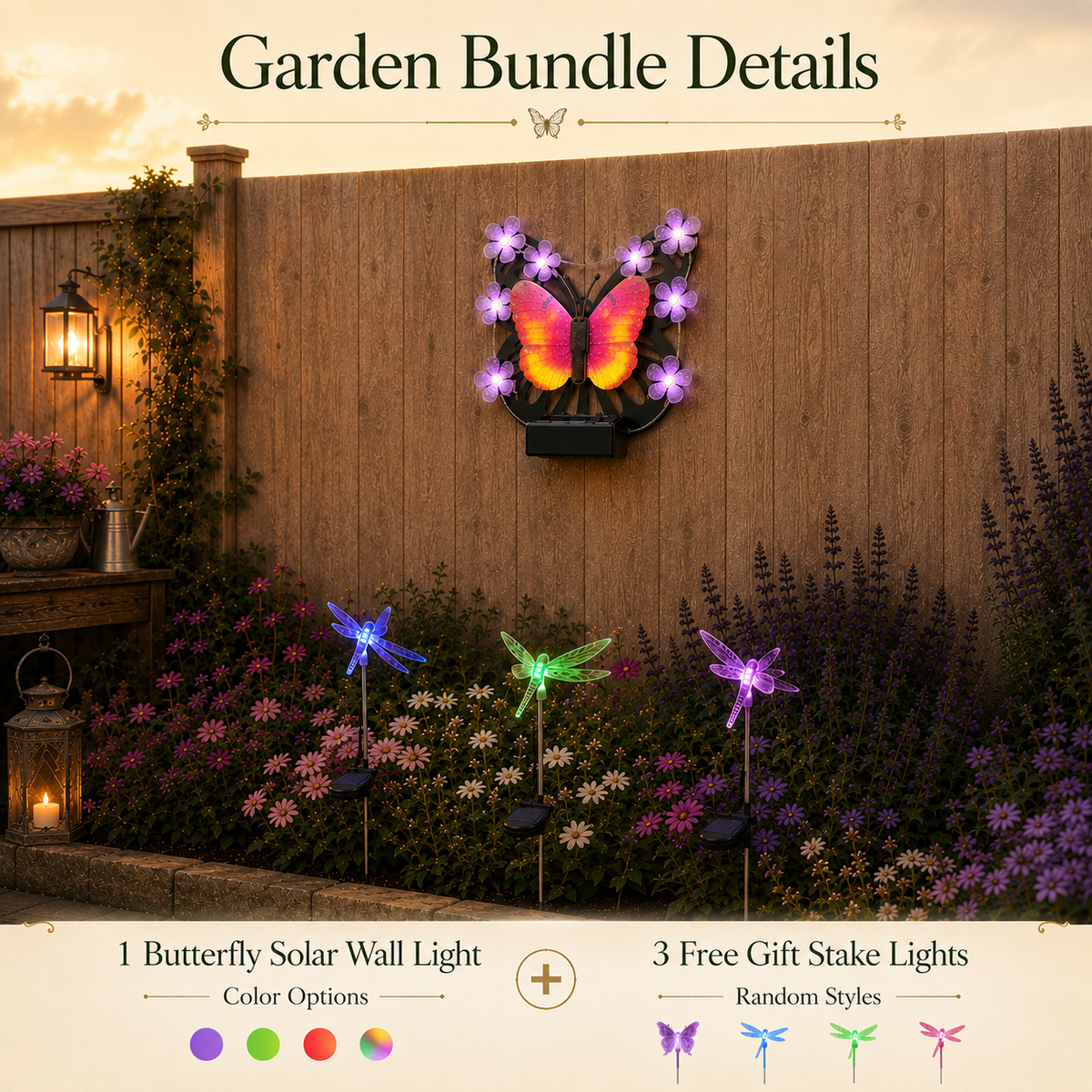 Solar Butterfly Wall Light Garden Bundle + FREE Assorted Stake Lights
