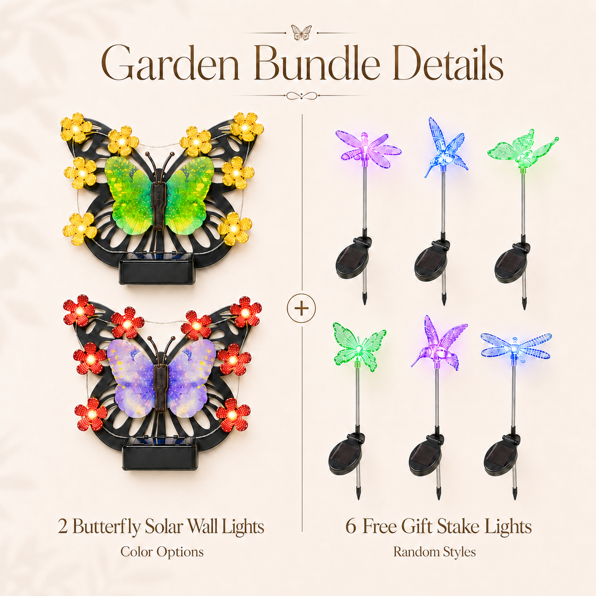 Solar Butterfly Wall Light Garden Bundle + FREE Assorted Stake Lights