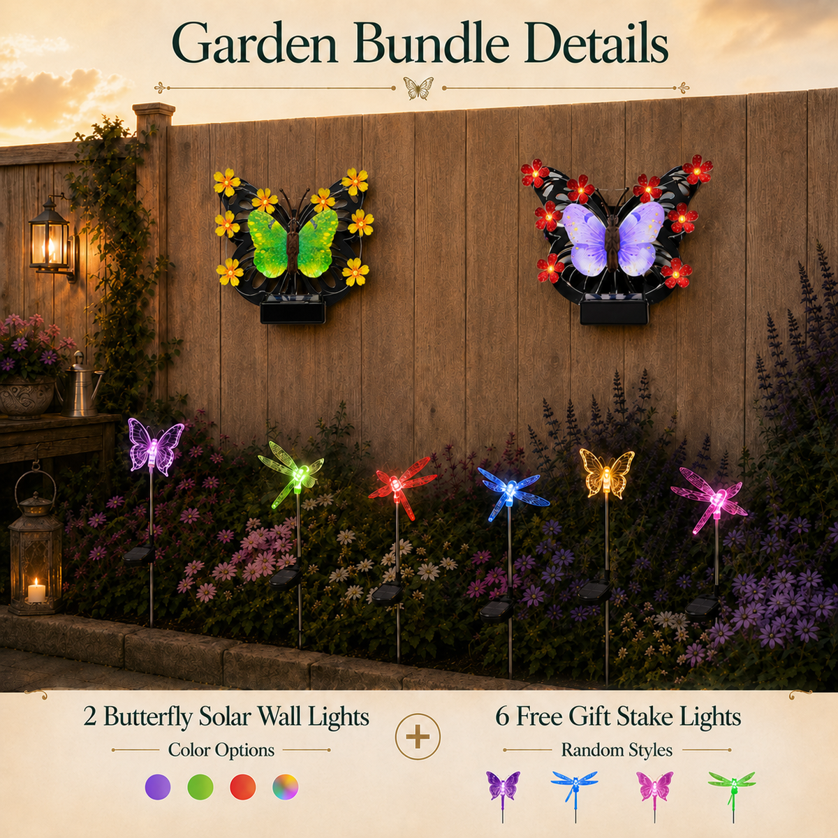 Solar Butterfly Wall Light Garden Bundle + FREE Assorted Stake Lights