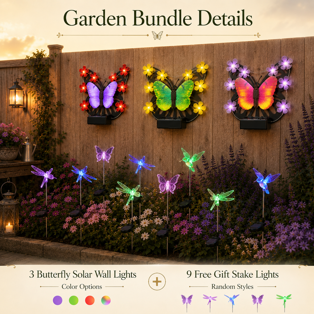 Solar Butterfly Wall Light Garden Bundle + FREE Assorted Stake Lights