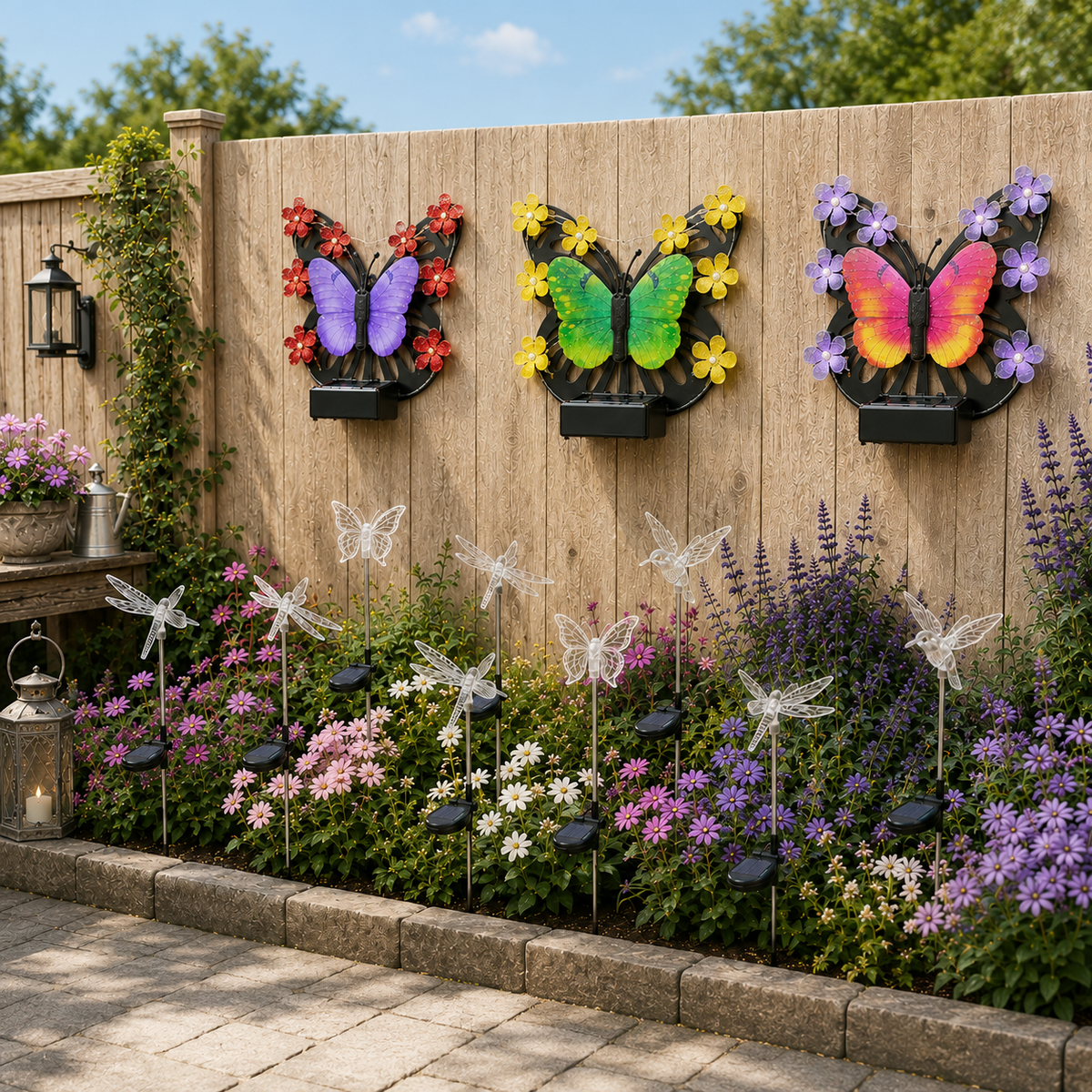 Solar Butterfly Wall Light Garden Bundle + FREE Assorted Stake Lights