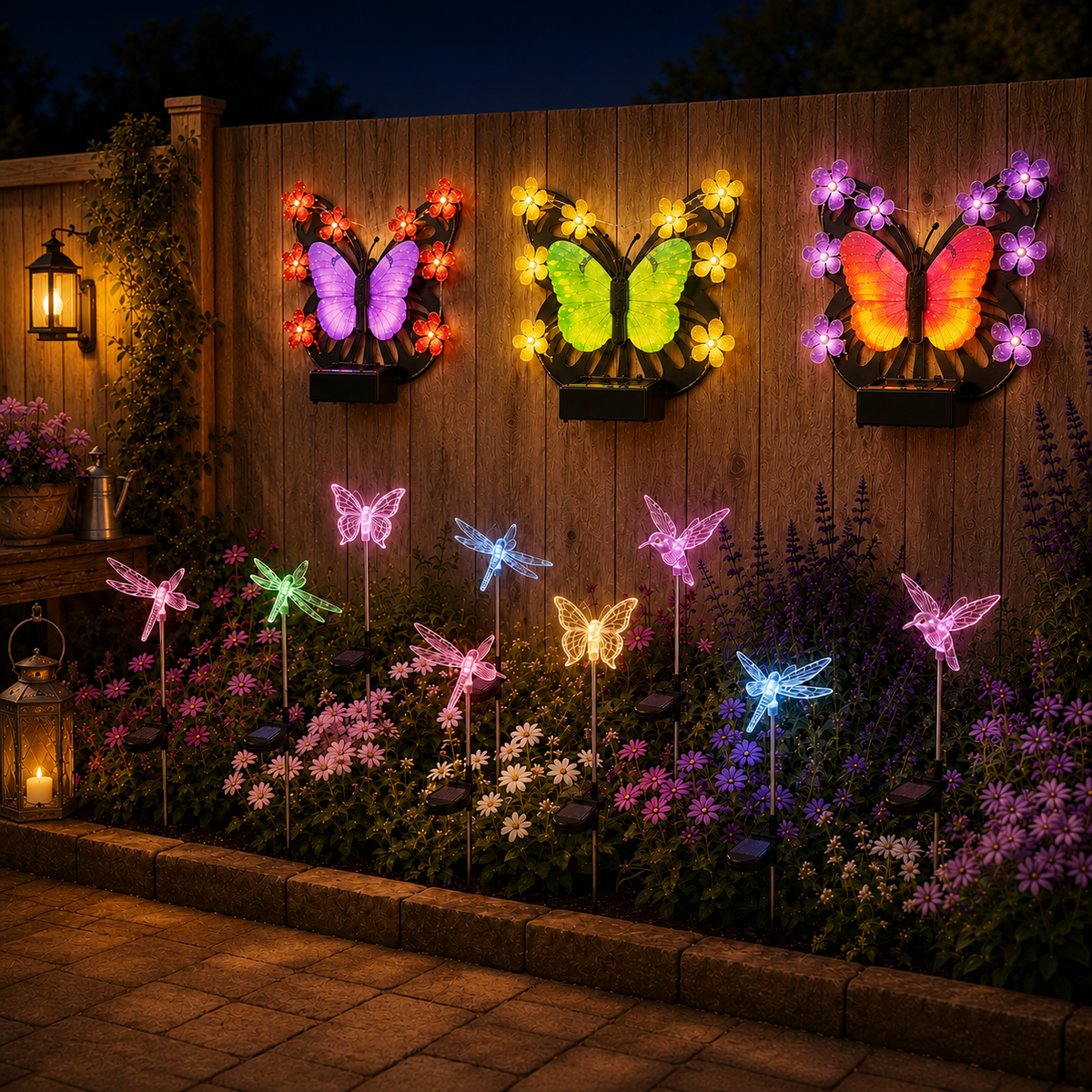 Solar Butterfly Wall Light Garden Bundle + FREE Assorted Stake Lights