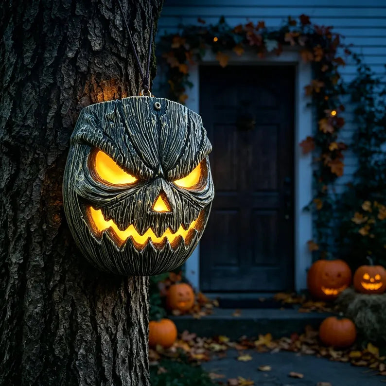 Wood-Grain Solar Pumpkin Wall Light for Halloween Porch Decor