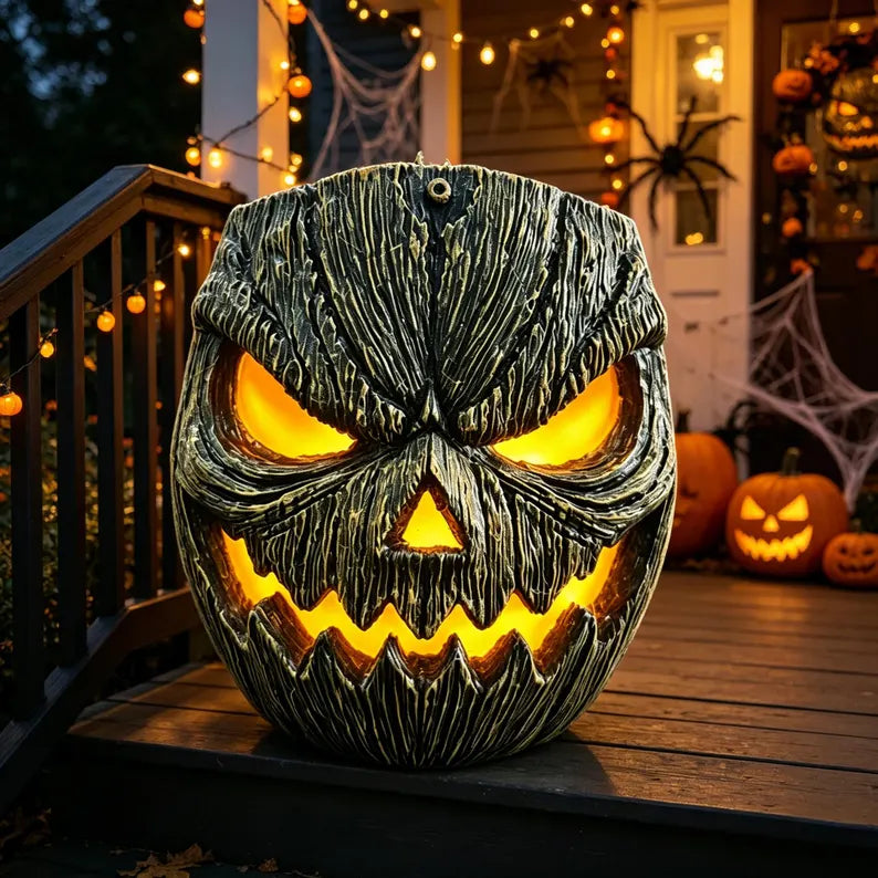Wood-Grain Solar Pumpkin Wall Light for Halloween Porch Decor